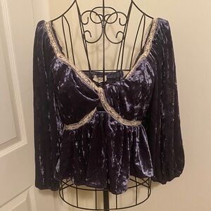 Entro Velvet Lace-Trimmed Purple Blouse